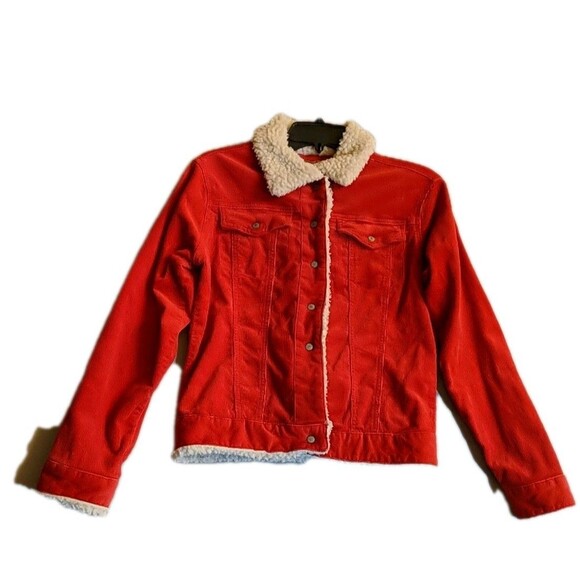 Retro Lazer Jeans Corduroy Jacket Medium Women Snap Buttons Red Sherpa Lined M - Picture 1 of 11